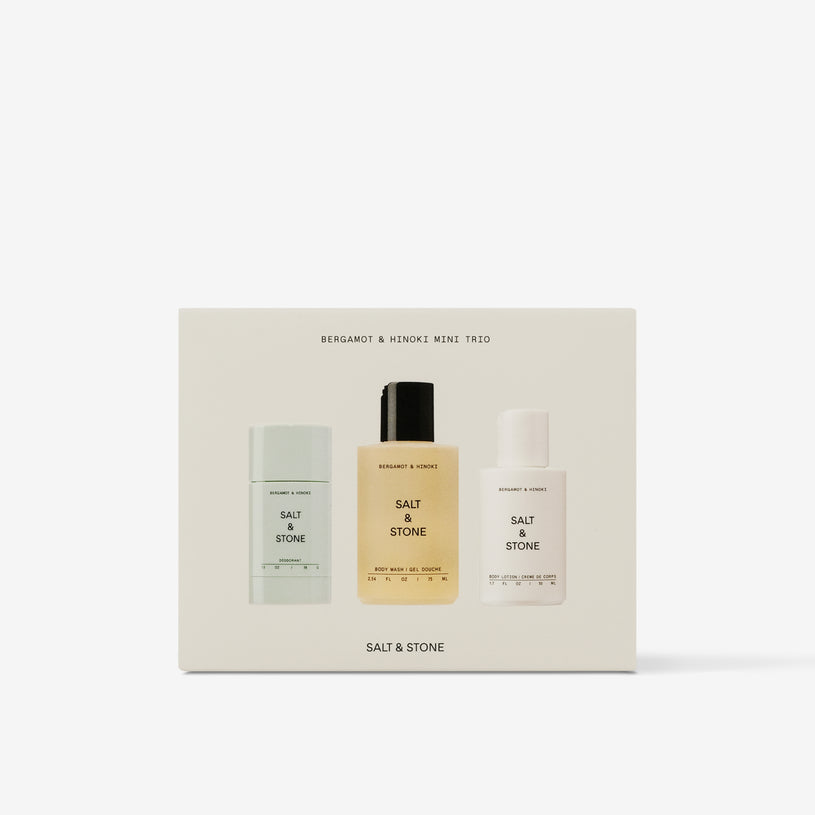 Salt & Stone's travel-sized Bergamot & Hinoki Mini Trio Set, including aluminum-free deodorant, body wash & body lotion