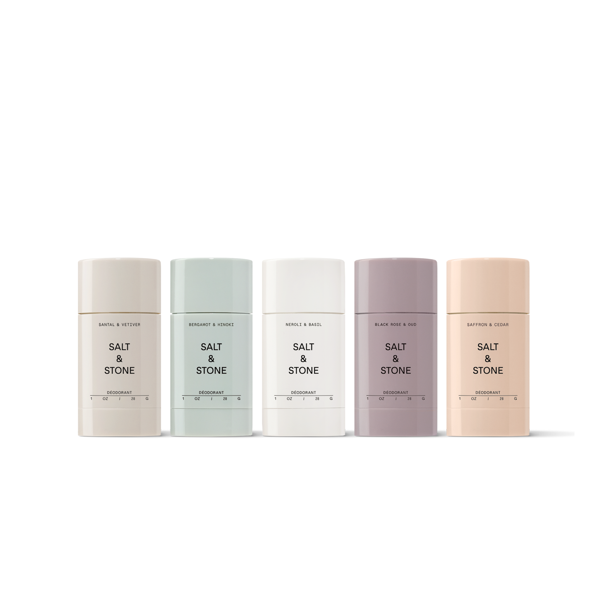Salt & Stone's Mini Deodorant Discovery Set with 5 of our best smelling aluminum-free travel sized deodorants